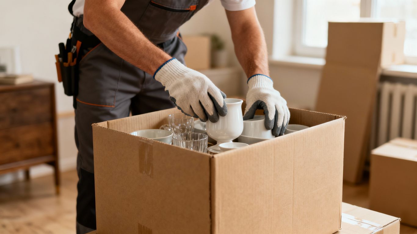 Professional mover packing fragile items into a box.
