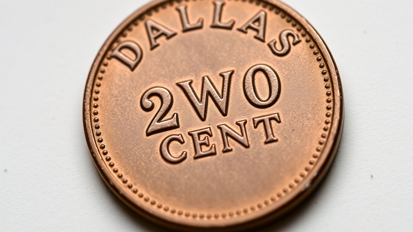 Close-up of a Dallas two-cent piece coin.