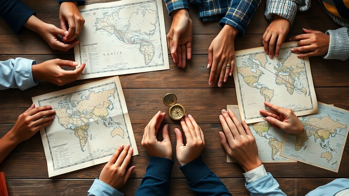 Hands of diverse people holding maps on a table