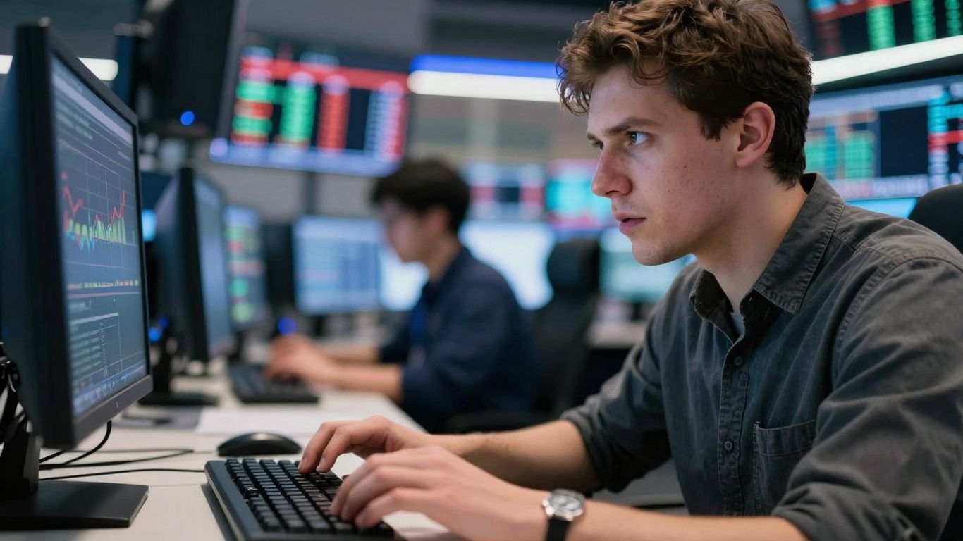 Person intensely focused on stock trading simulation.