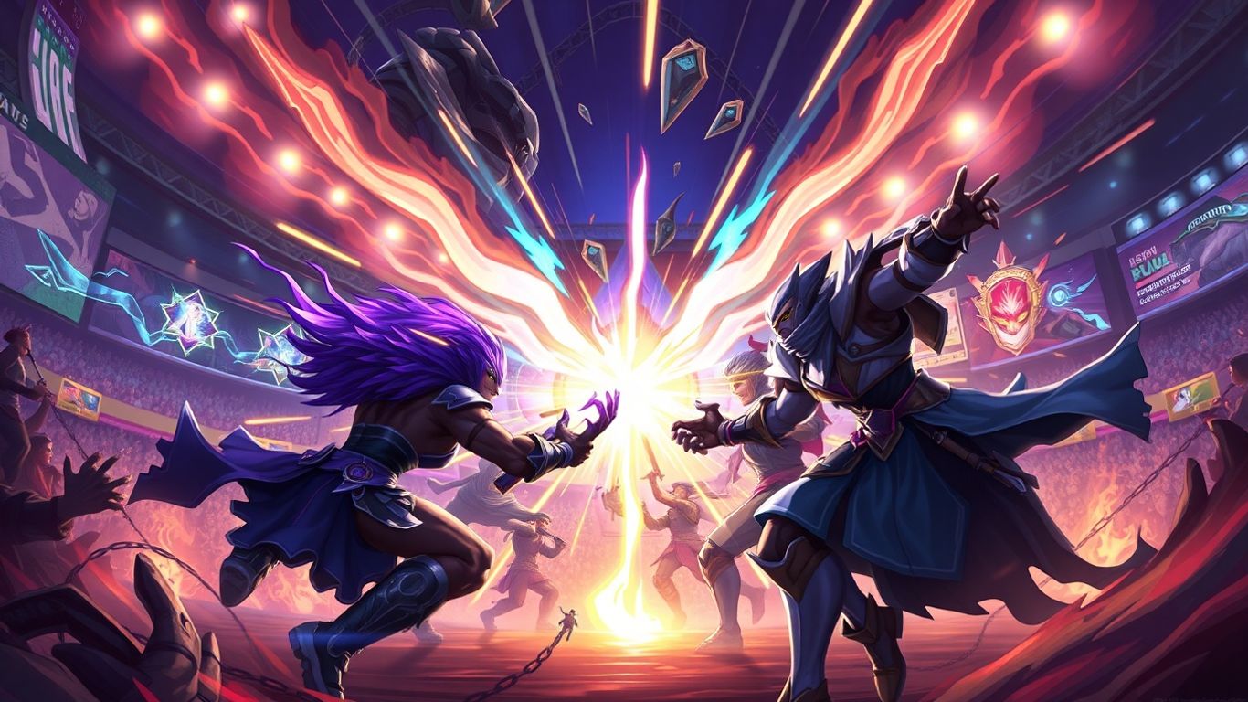 Esports champions battling in a vibrant, glowing arena.