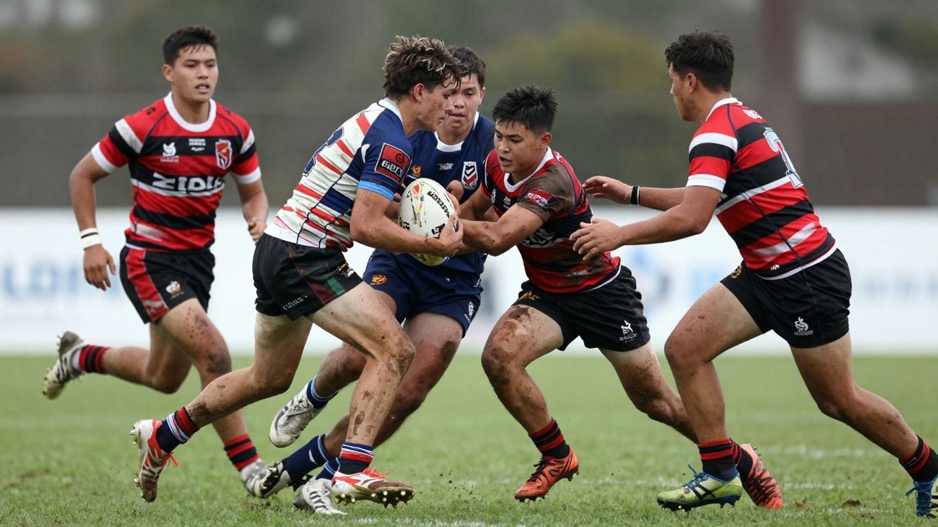 Schoolboy rugby league players in intense match action.