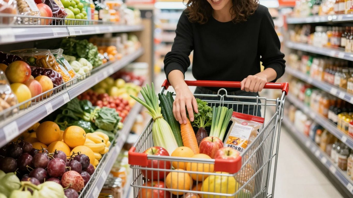 Person shopping for groceries, saving money.
