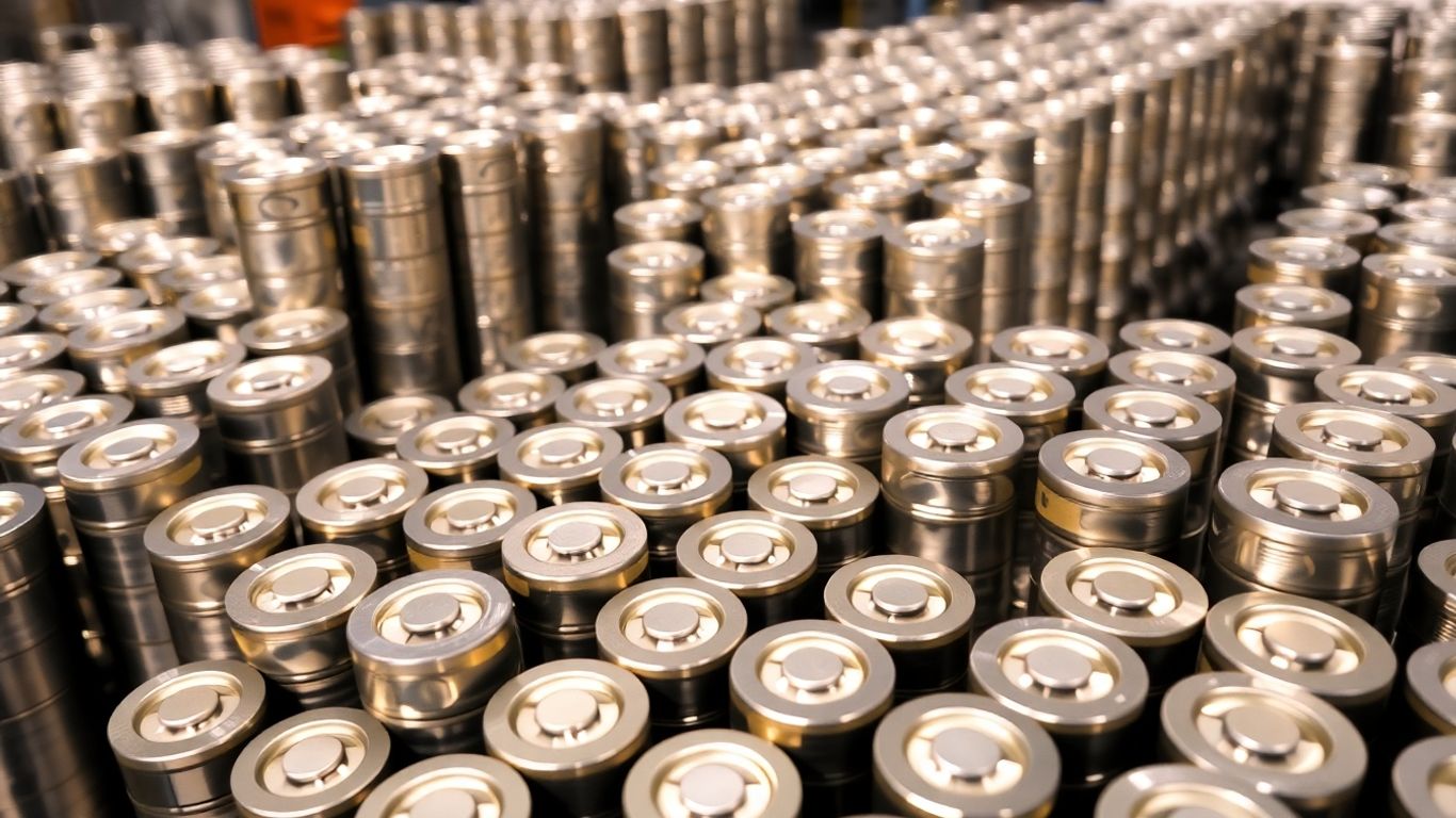 Cylindrical 4680 battery cells in a production facility.