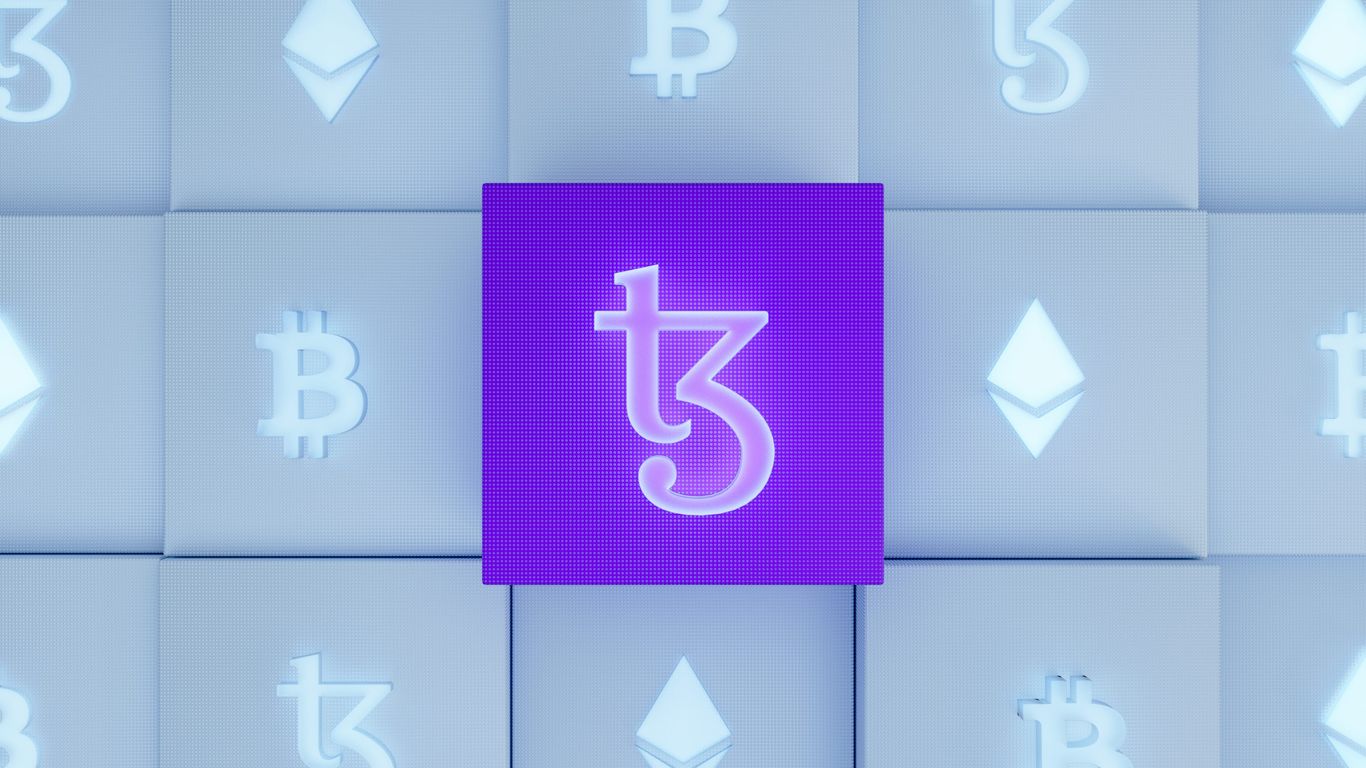 A glowing purple box with cryptocurrency logos in background.