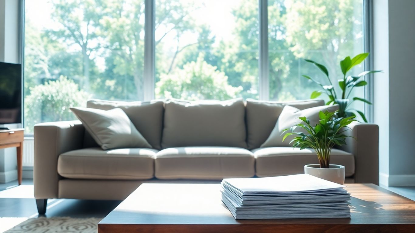 Casa moderna con jardín soleado y documentos.