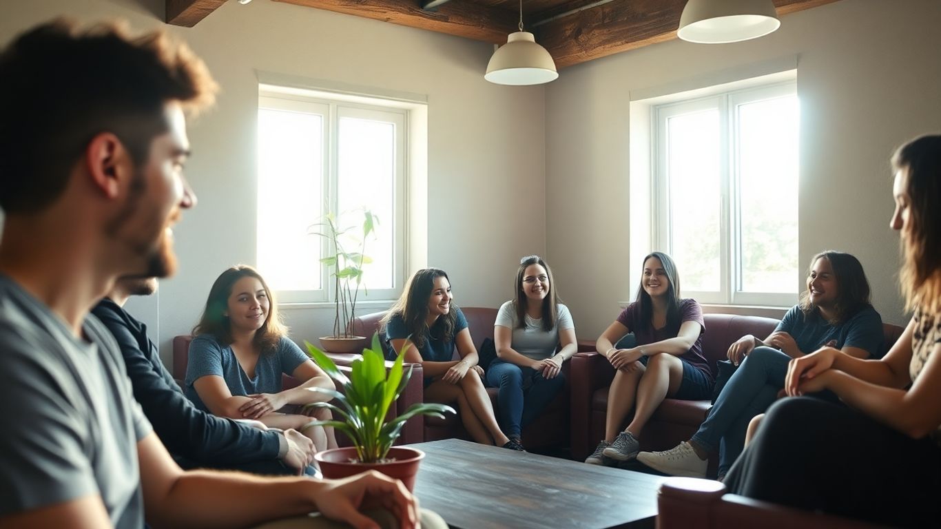 Travellers socialising in a cosy hostel common room.
