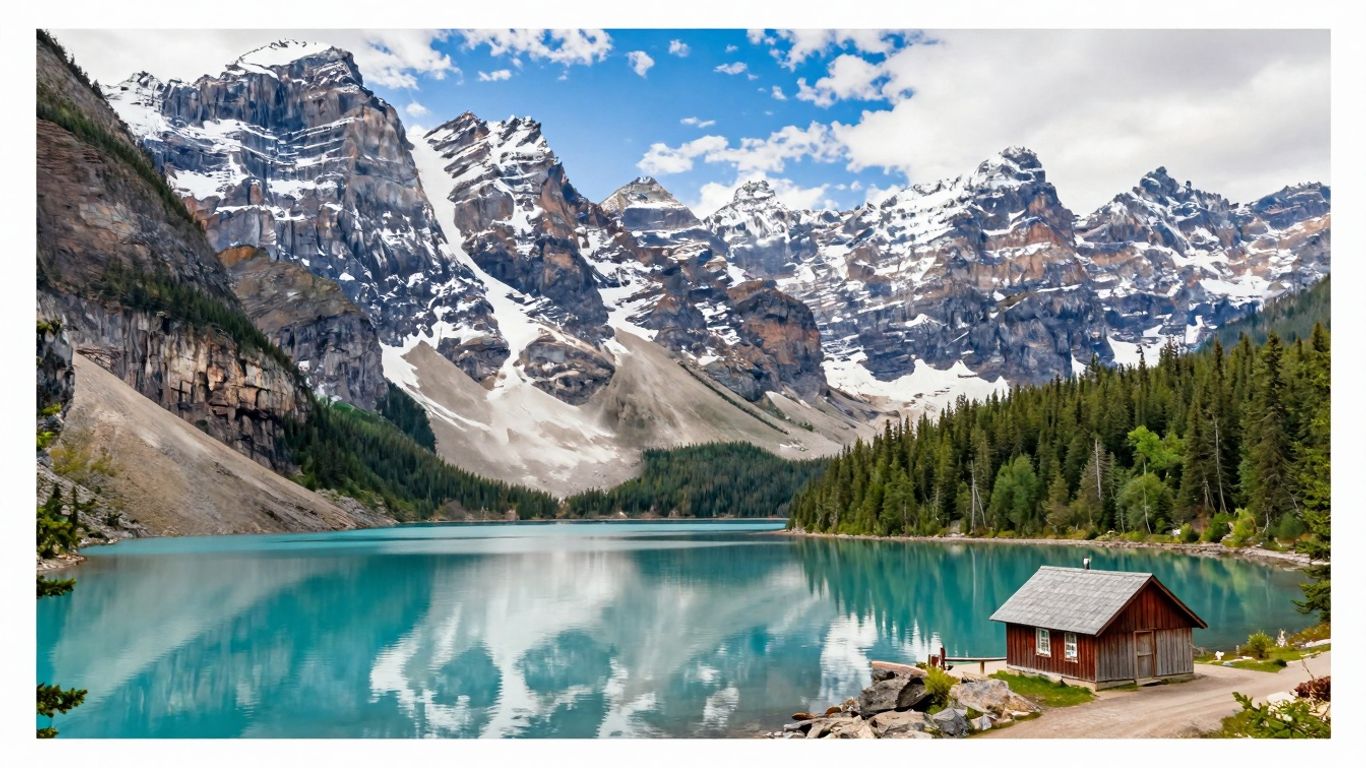 Canadian mountains, lake, and forest landscape.