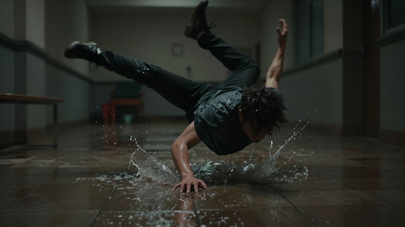 Person falling on a wet floor.