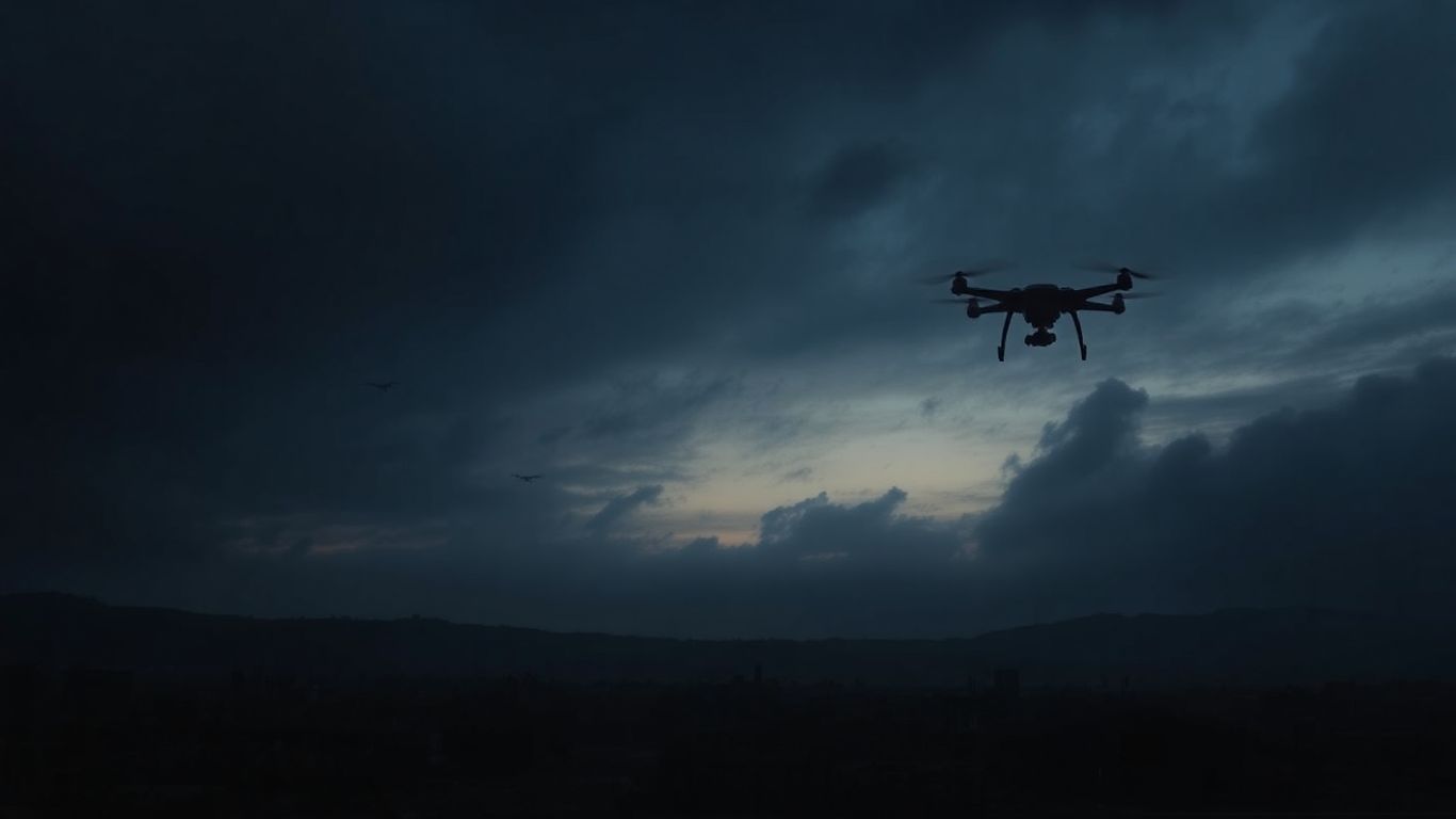 Drones flying over a military base at dusk.