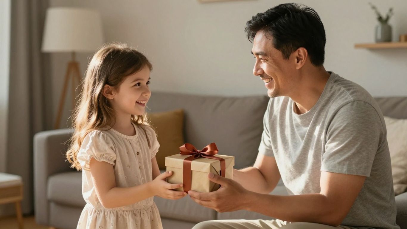 Father giving daughter a gift, happy moment.