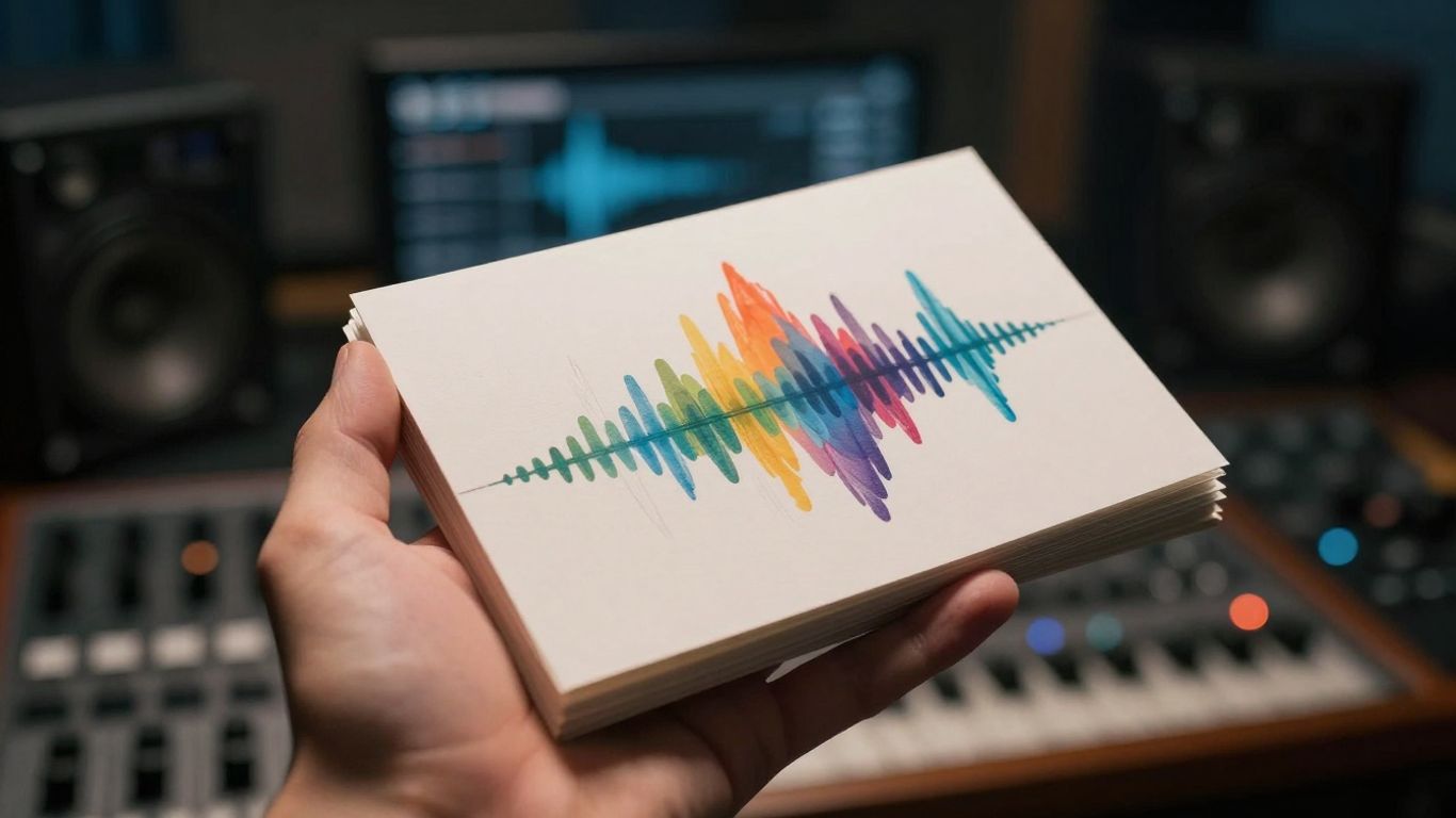 Hand holding colorful sound wave patterns in a studio.