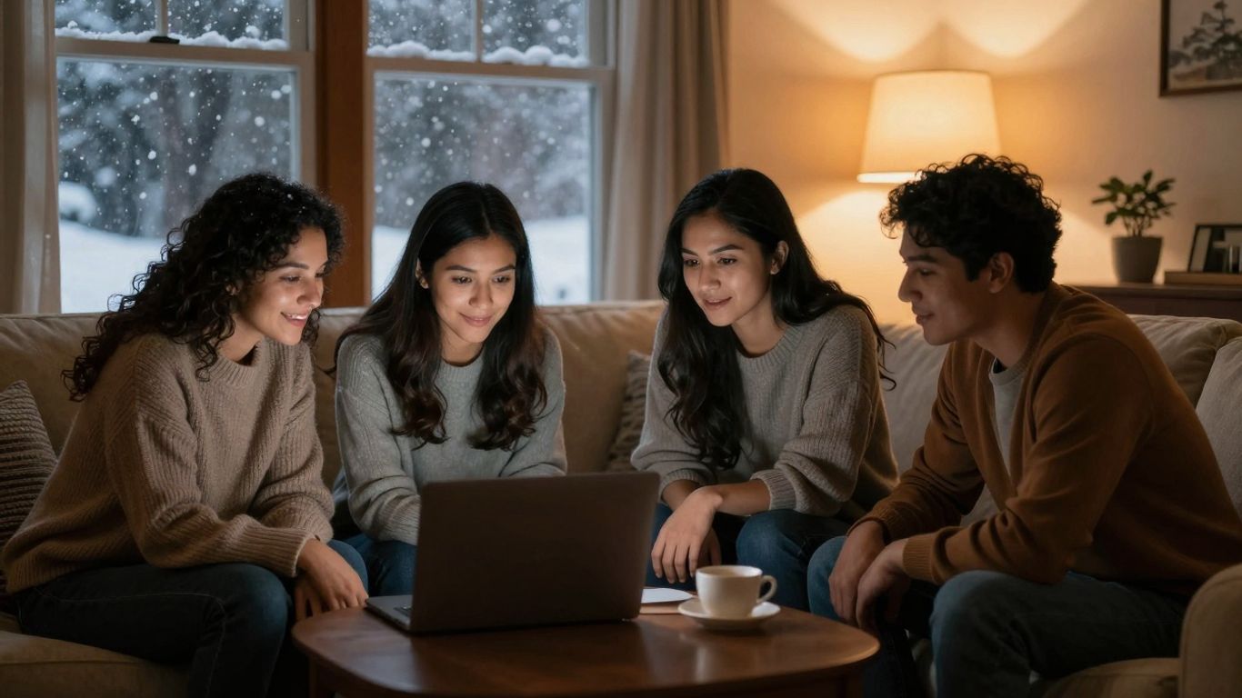 Menschen in einem gemütlichen Raum, die sich um einen Laptop versammeln.