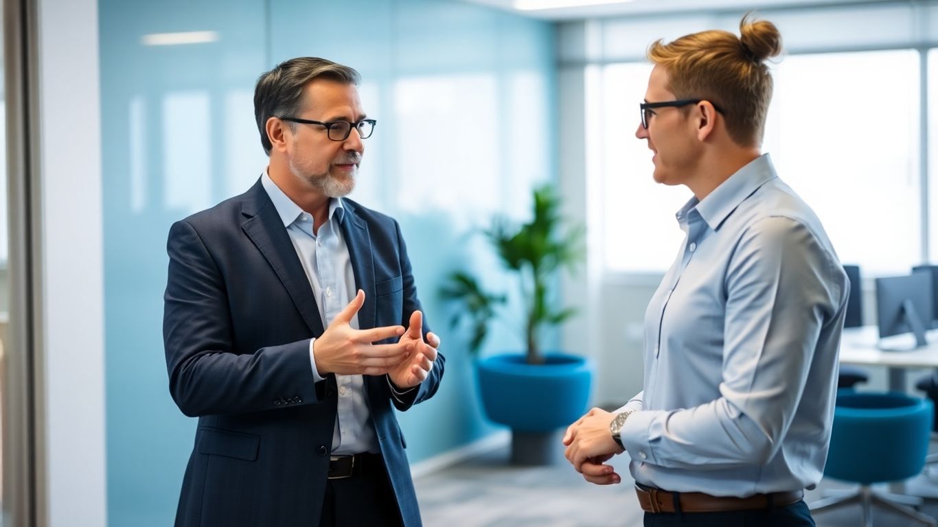 Zwei Personen im Büro, die über die digitale Arbeitswelt sprechen.