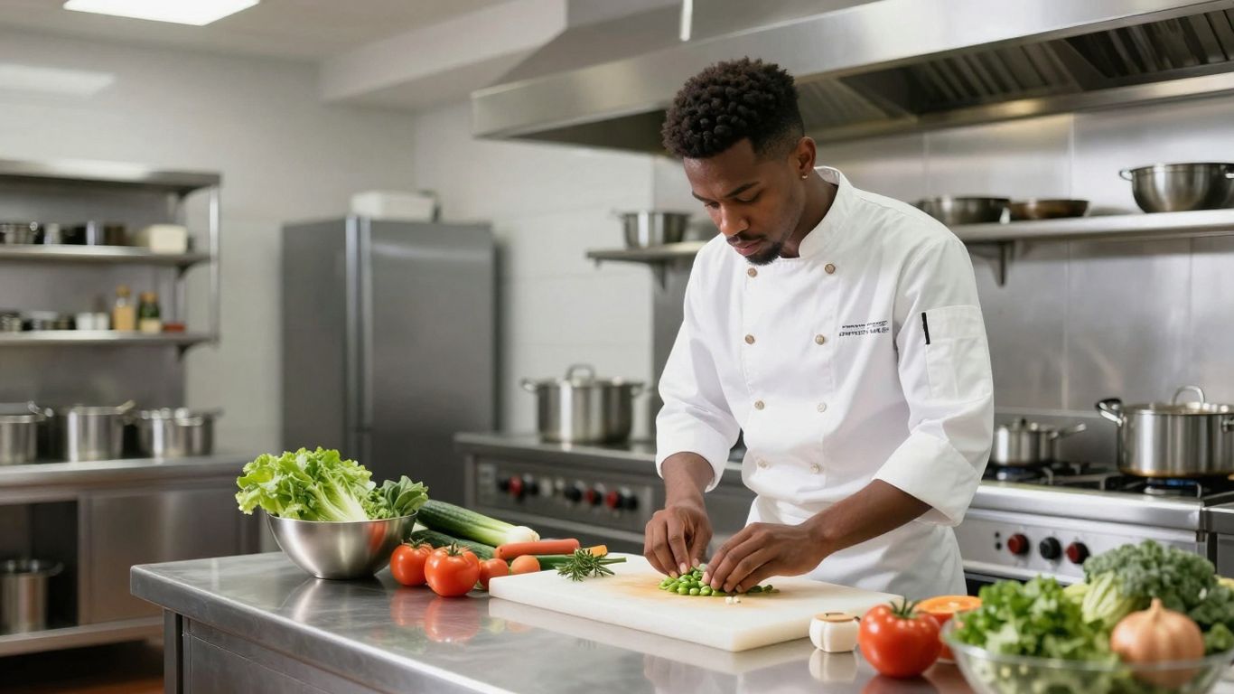 Chef preparing food in a spotless, modern kitchen.