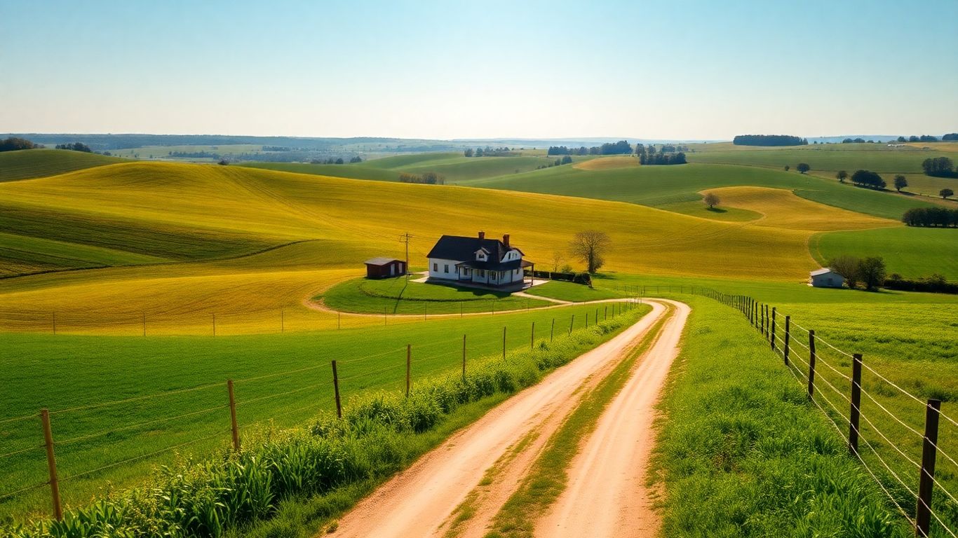 Rural farmhouse landscape with winding dirt road.