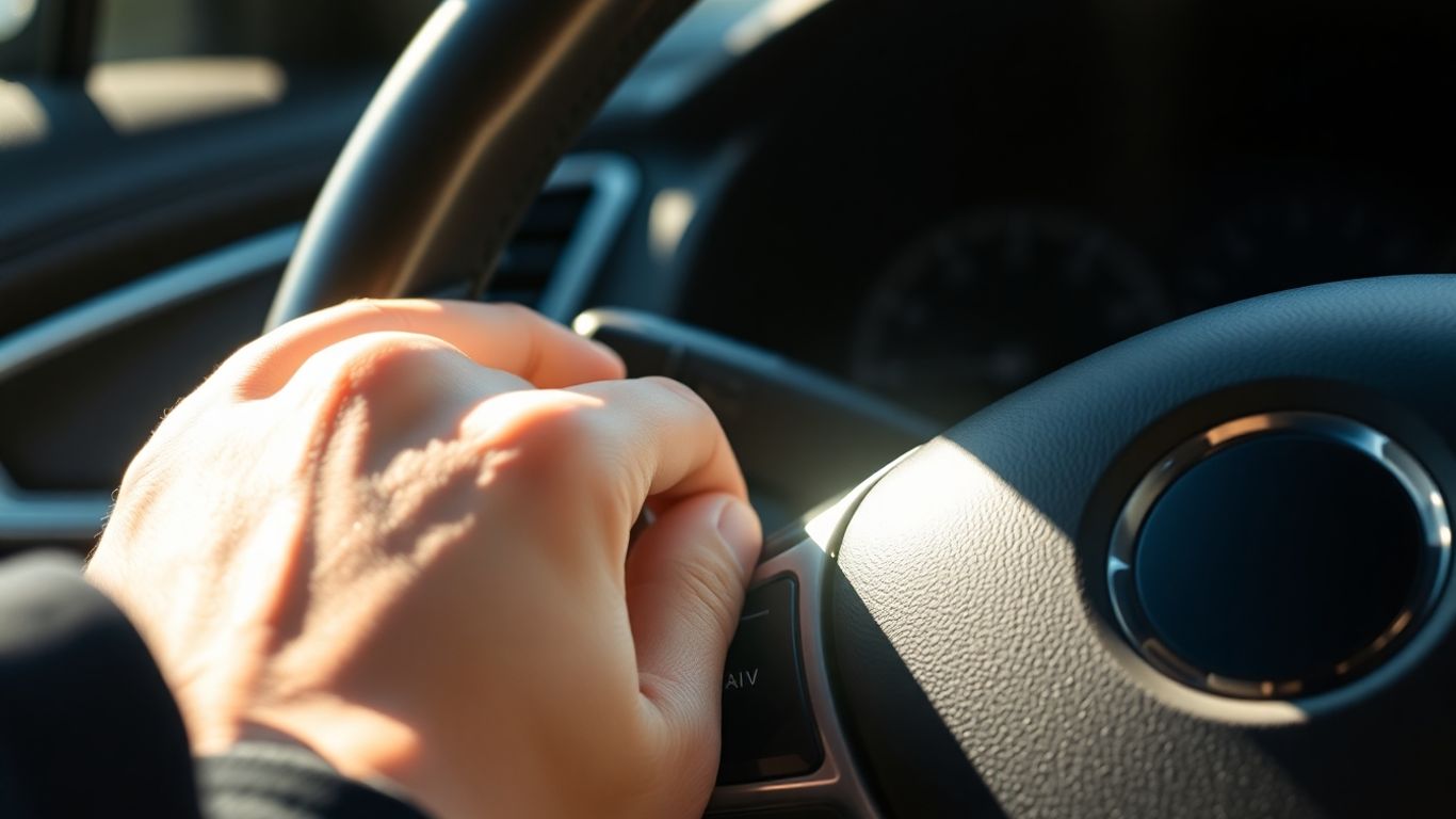 Hand on car steering wheel