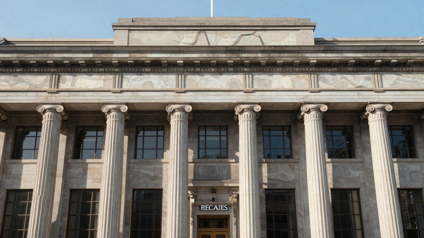 Clădire bancă centrală cu flux economic abstract.