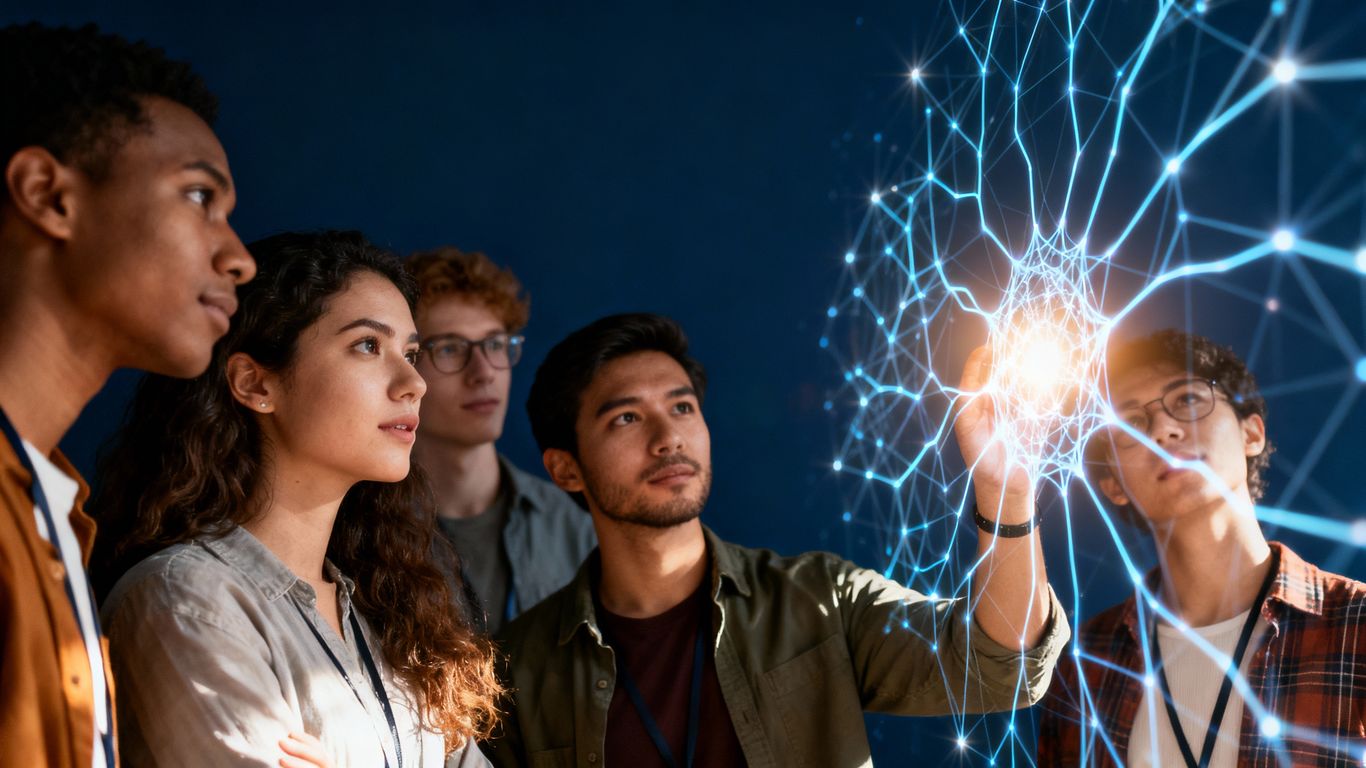 People learning about AI and ML with glowing patterns.