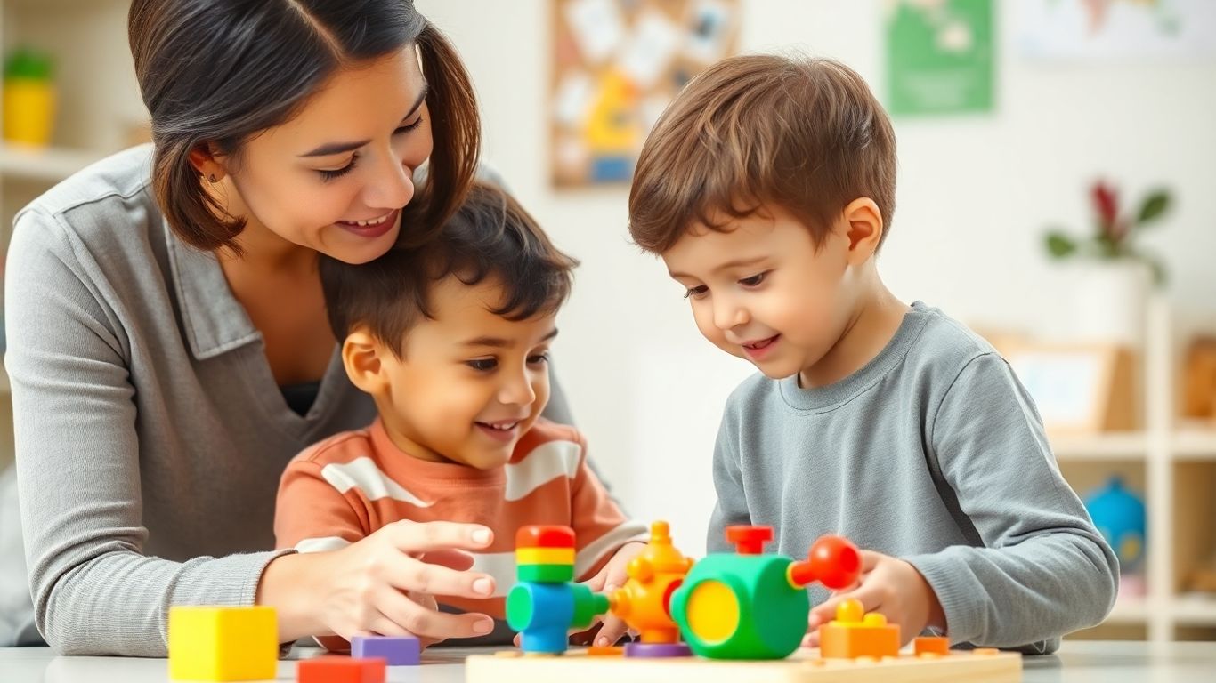 ABA therapist and autistic child interacting positively.