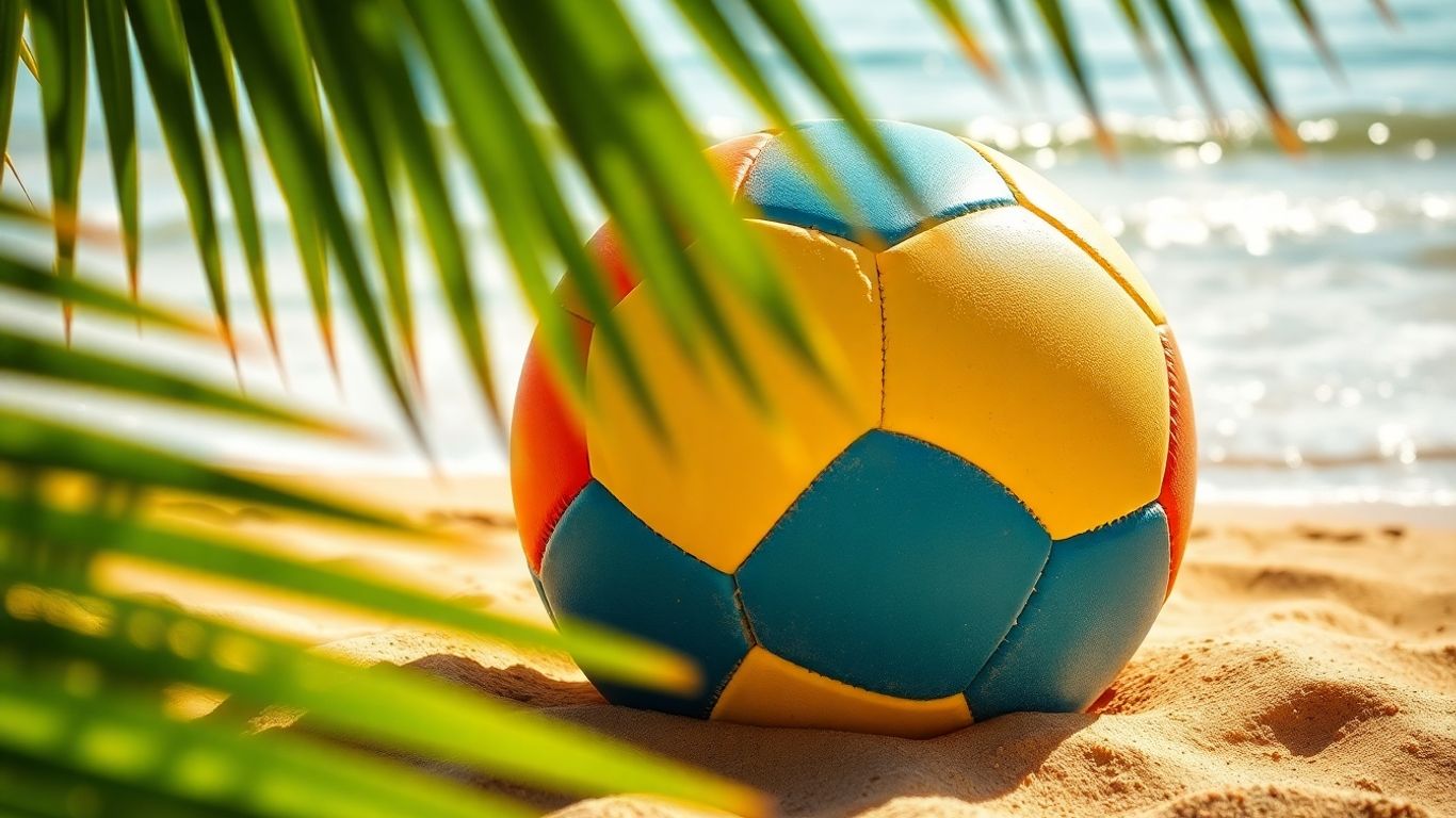 Beach soccer ball on sand near ocean waves