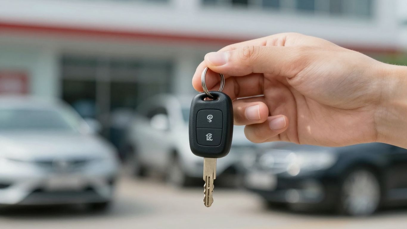 Hand holding car key, auto finance concept.