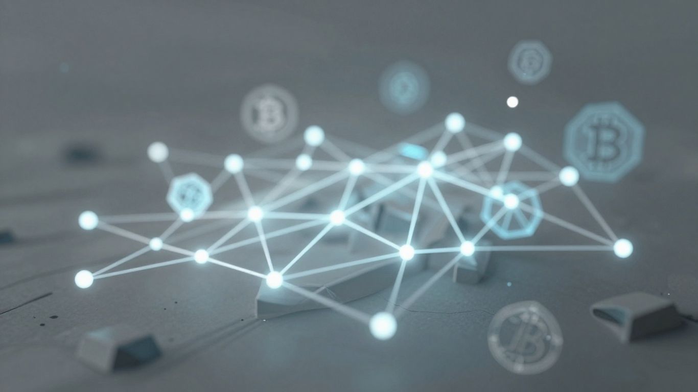 Digital landscape with interconnected nodes and crypto symbols.