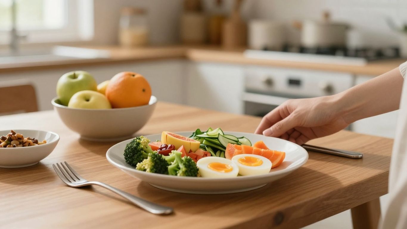 Nourishing meal and supportive hand on a kitchen table.