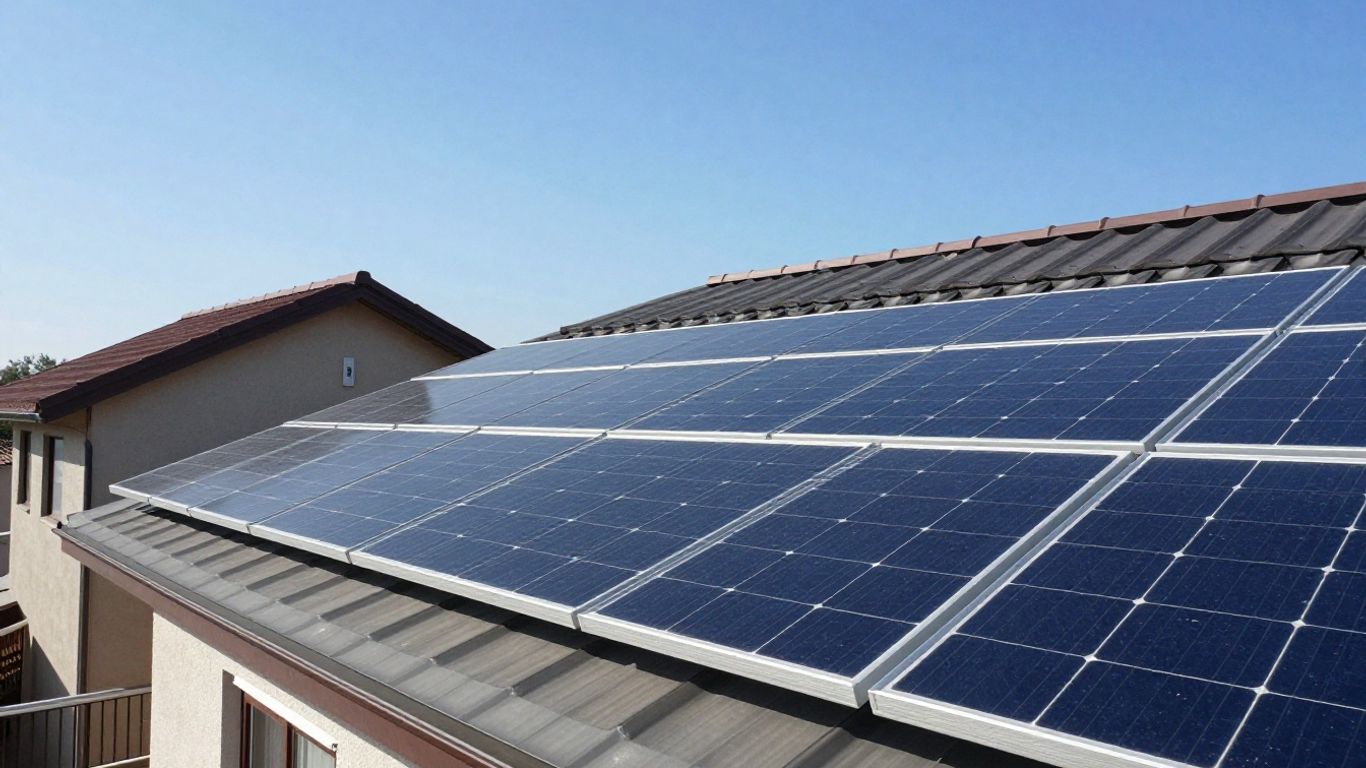 Panneaux solaires sur un toit avec le soleil