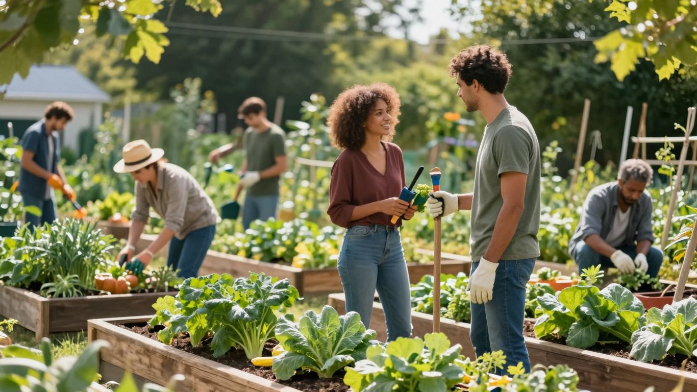Menschen arbeiten gemeinsam in einem Gemeinschaftsgarten.