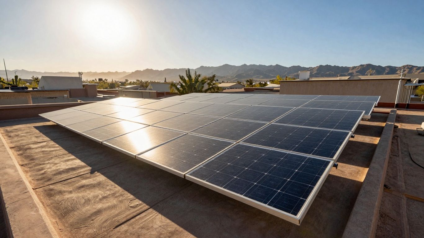 Arizona Rooftop With Solar Panels Under A Sunny Sky.