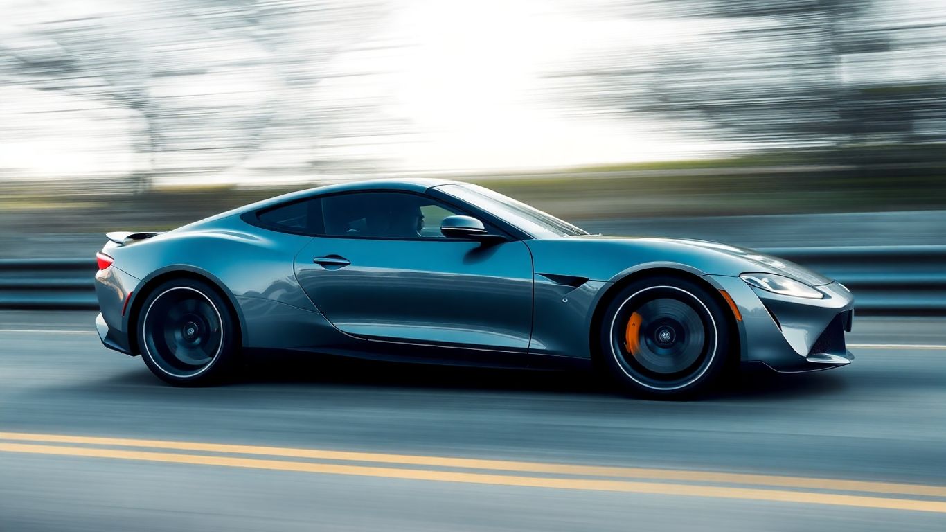 Sports car accelerating on a road, conveying speed and performance.