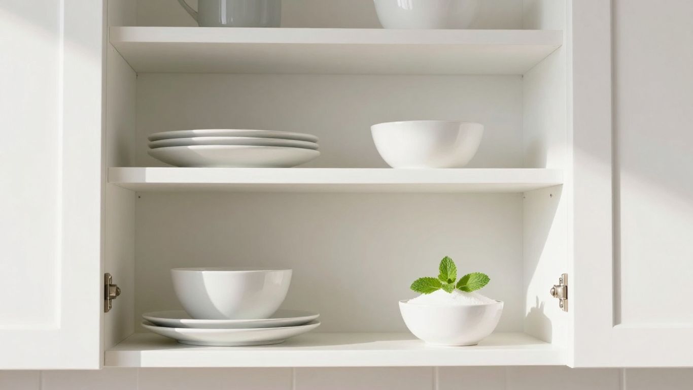 Clean kitchen cabinet interior with fresh mint sprig.