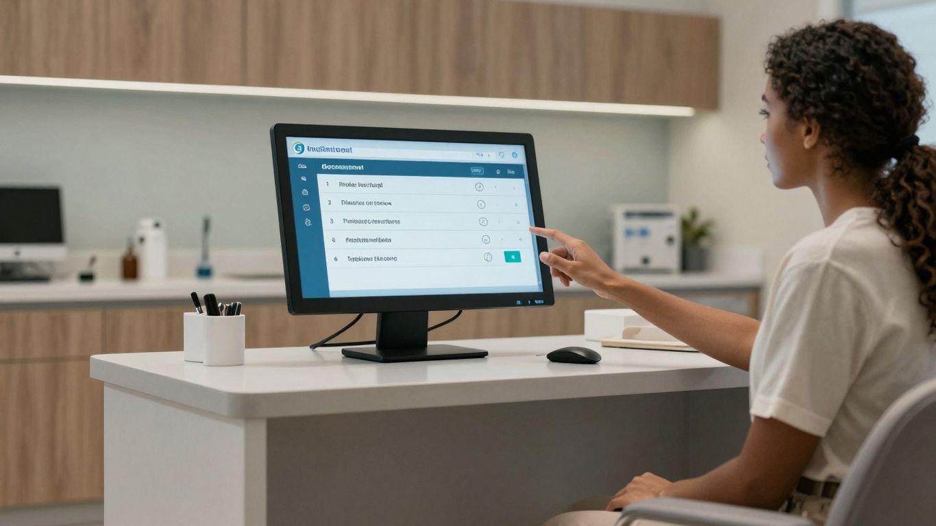 Pacient alege programare medicală pe ecran digital.