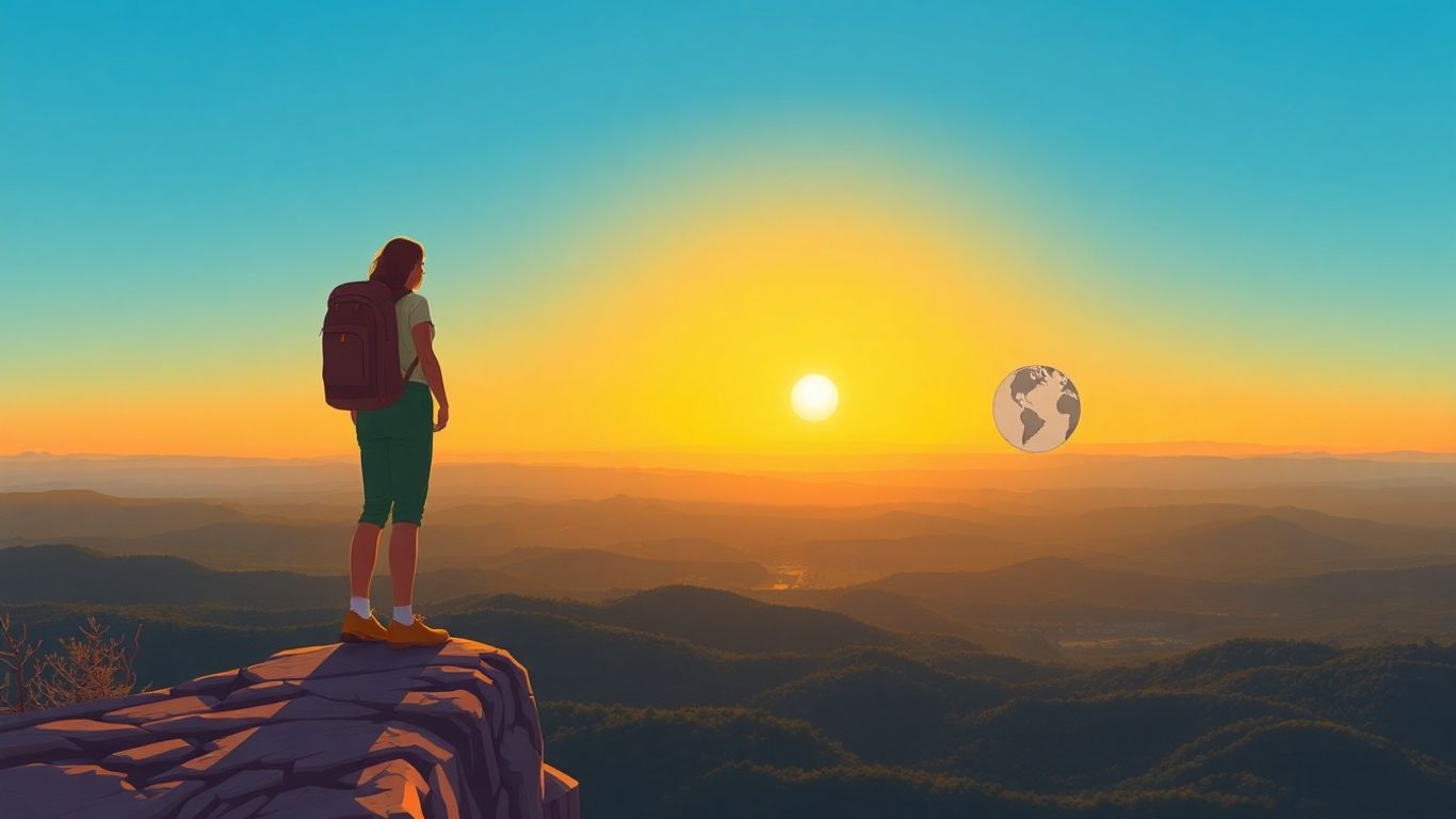 Person auf Klippe mit Rucksack blickt auf Landschaft bei Sonnenuntergang.