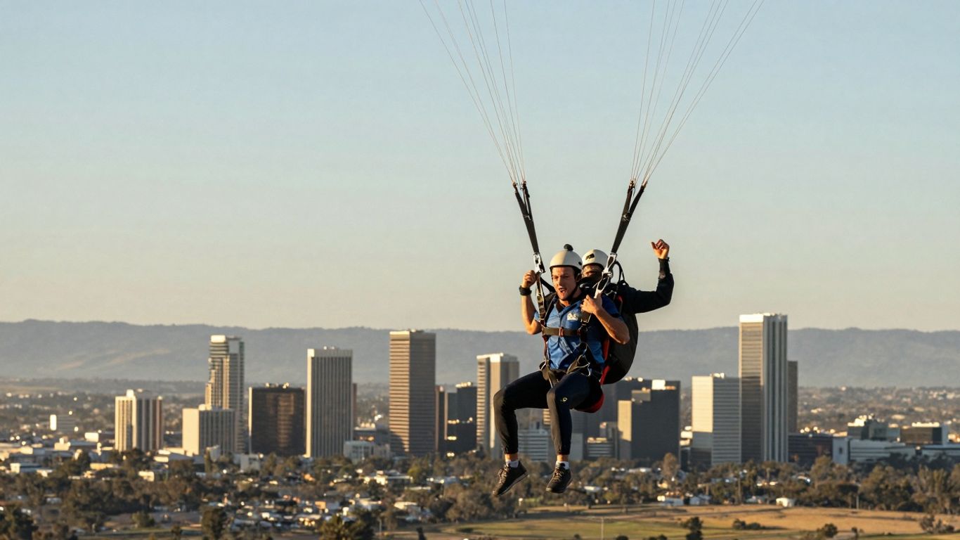 Person skydiving over Canberra landscape.