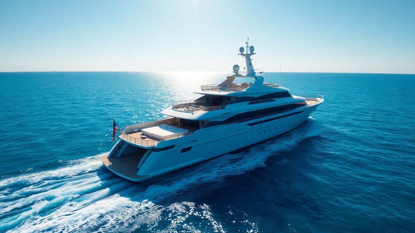 Luxurious yacht sailing on a clear blue ocean.