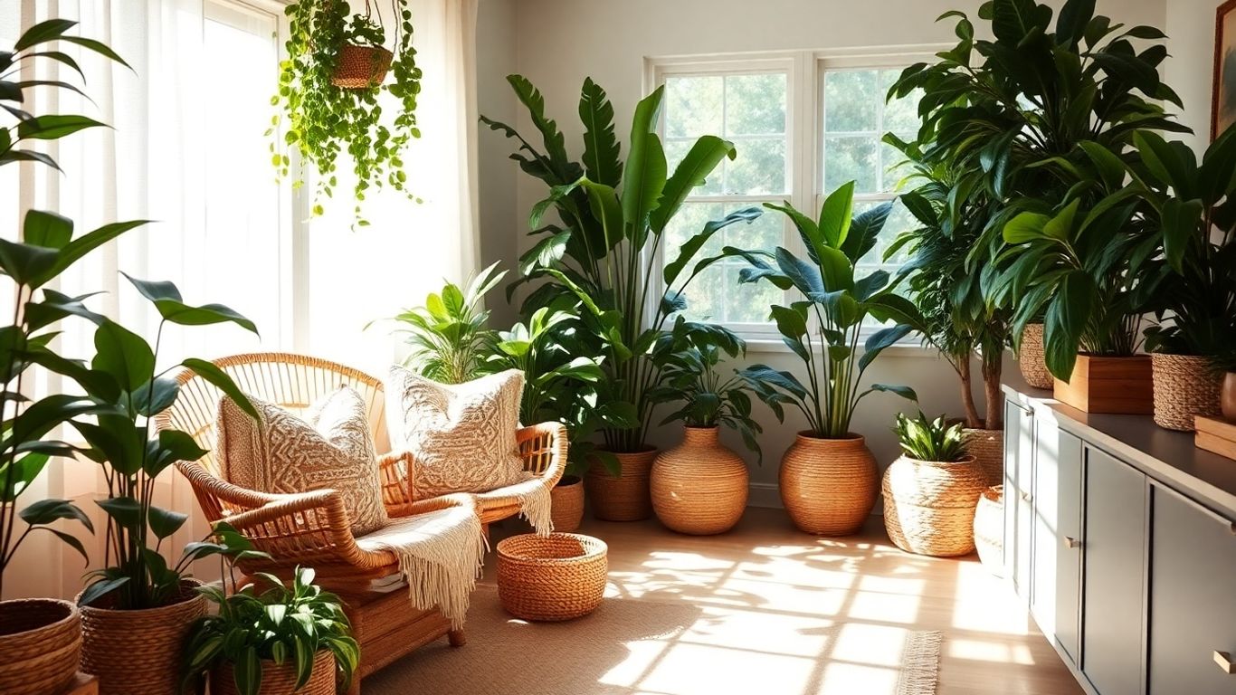 Boho living room filled with plants and natural light.