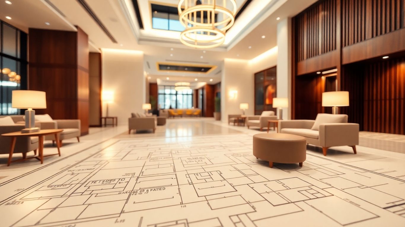 Hotel lobby blueprint for renovation project.