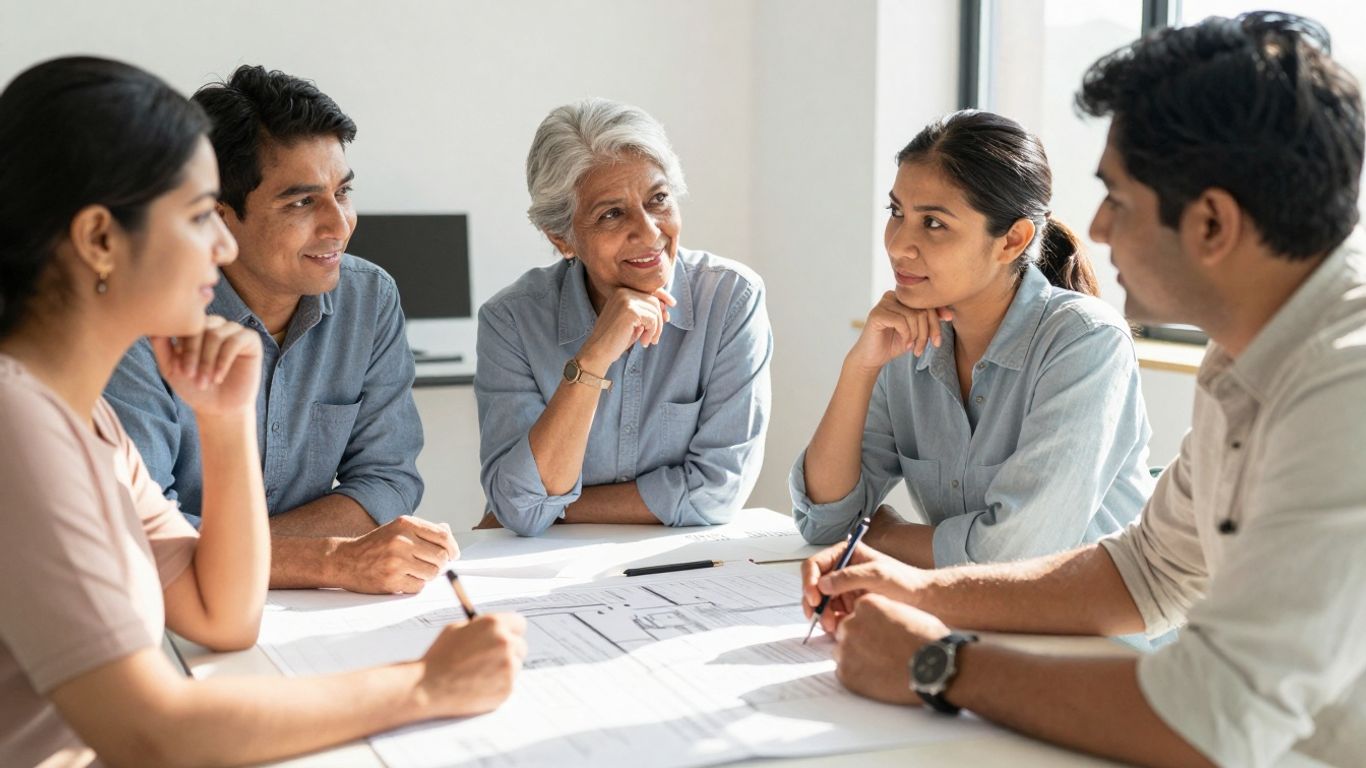 Familie bespricht Geschäftspläne am Tisch