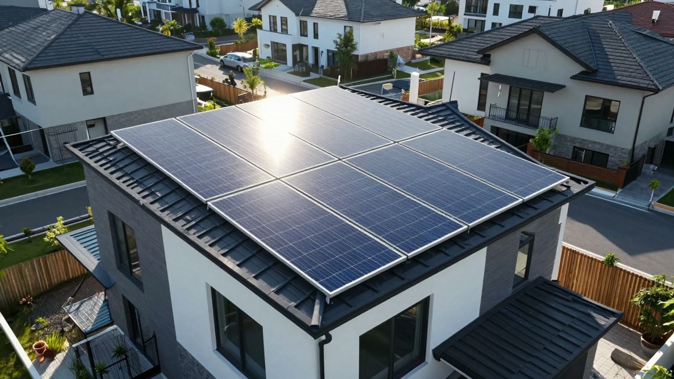 Maison avec panneaux solaires sur le toit.