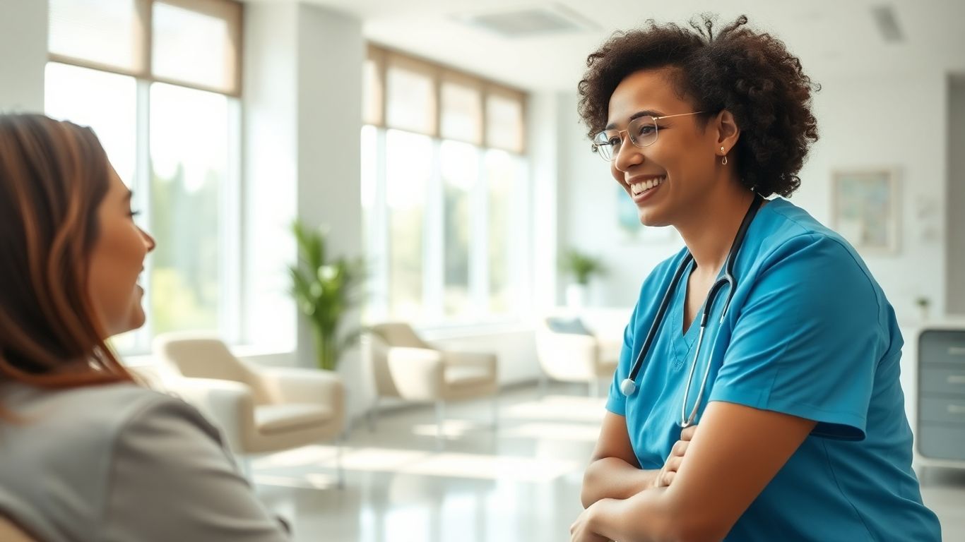 Doctor and patient in a welcoming clinic setting.