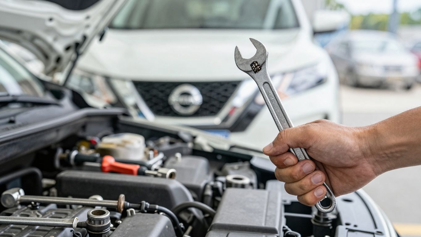 Nissan SUV engine repair with tools.