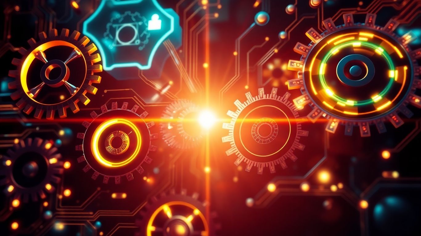 Gears and circuits glowing with light, symbolizing innovation.