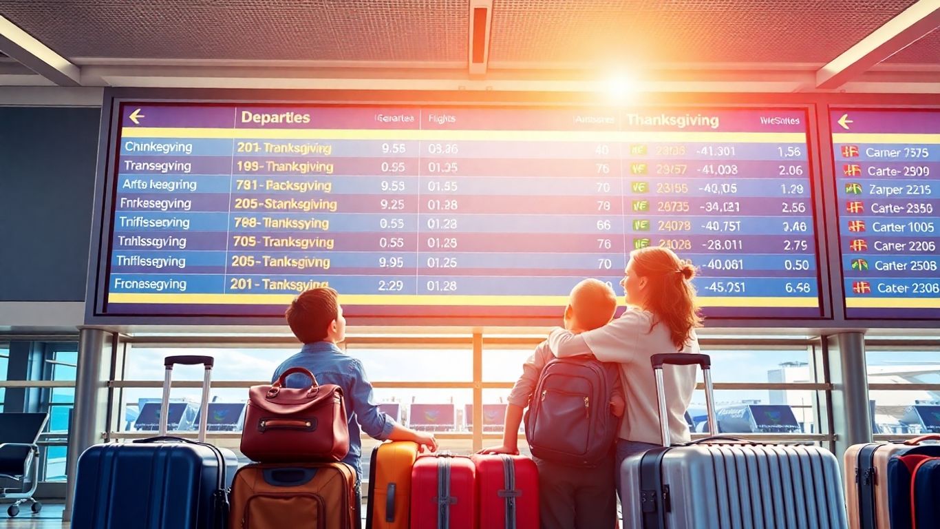 Christmas and Thanksgiving travel flight board with luggage.