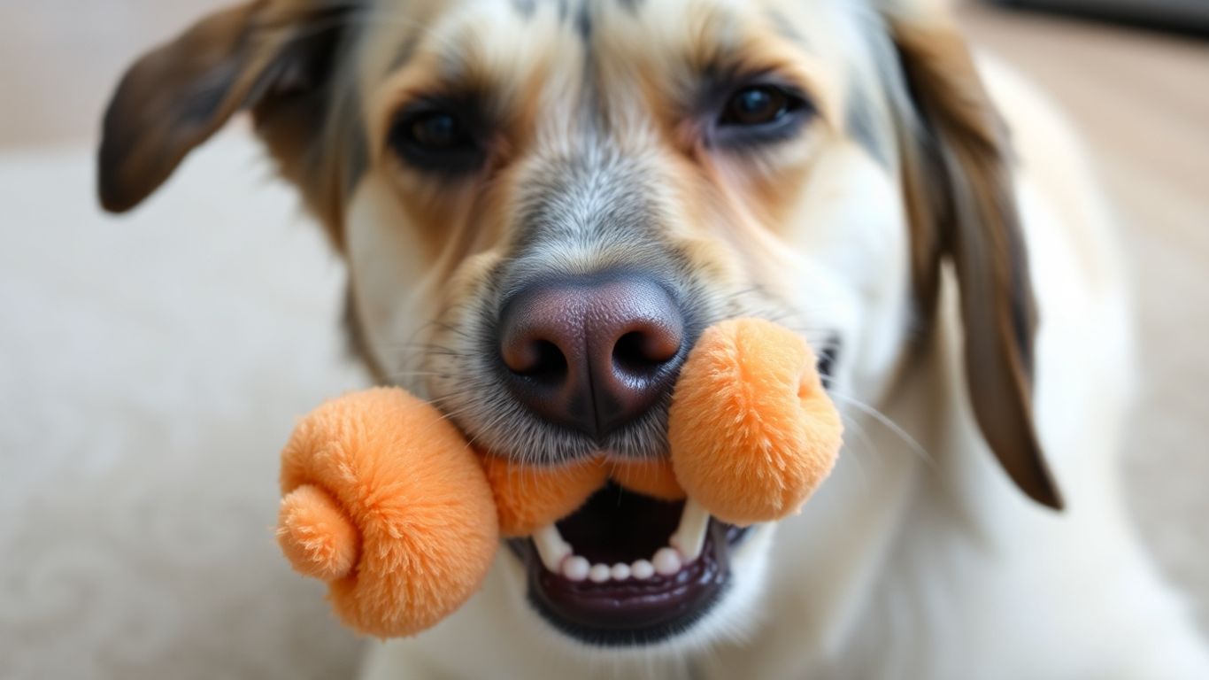 Senior dog playing with a soft toy.