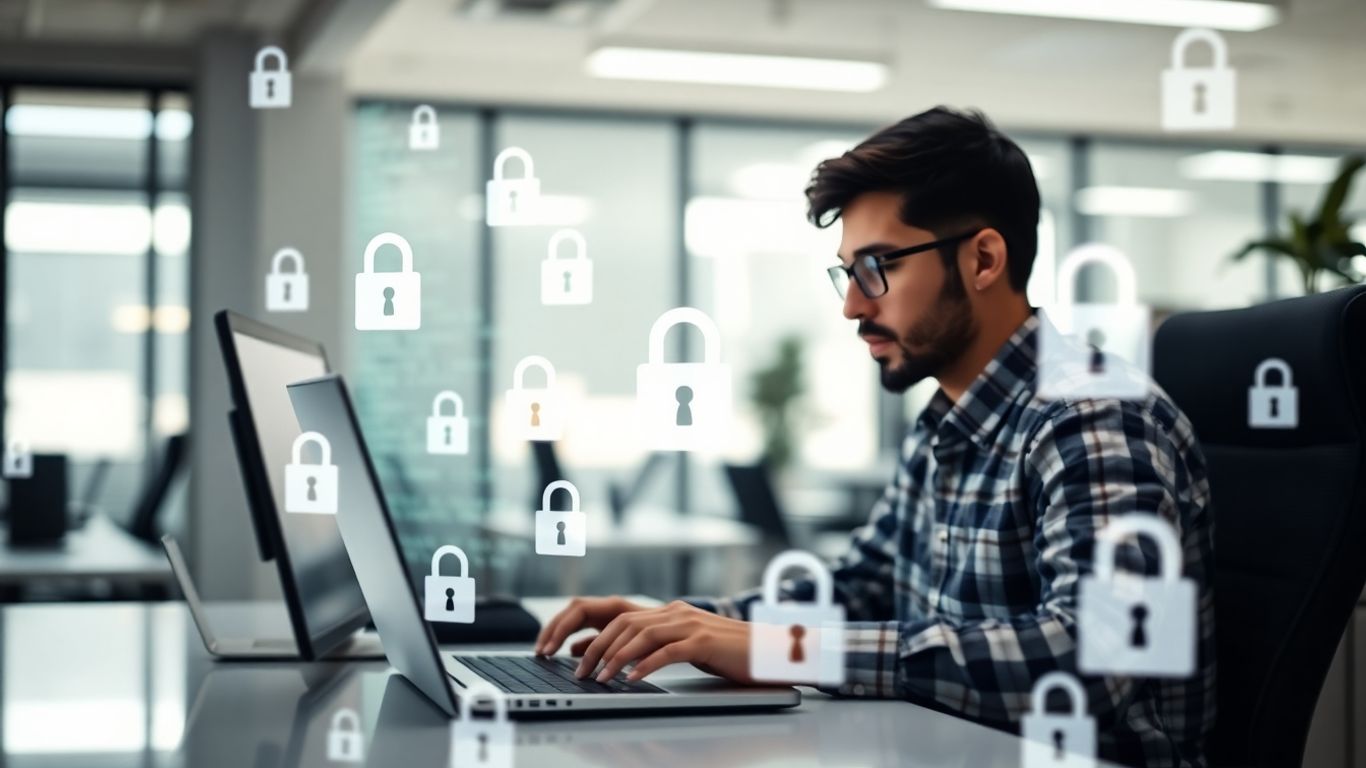 Programator la laptop cu lacăte digitale în birou modern.