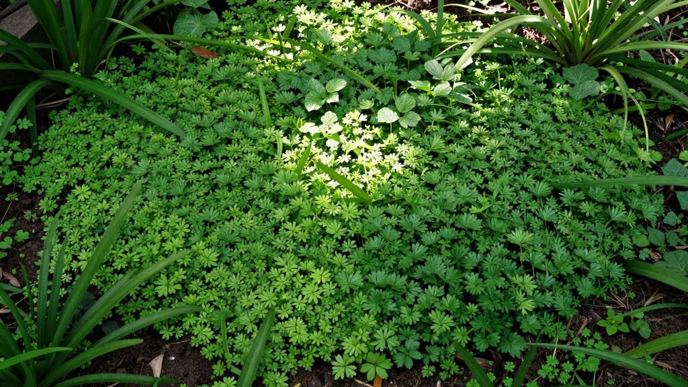 Grüne Bodendecker bedecken den Boden im Garten.