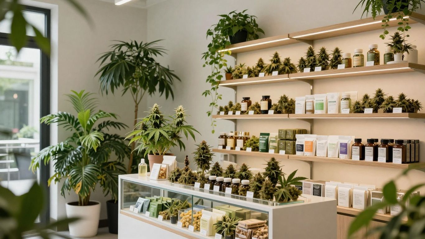 Interior of Tao Gardens dispensary with plants and products.