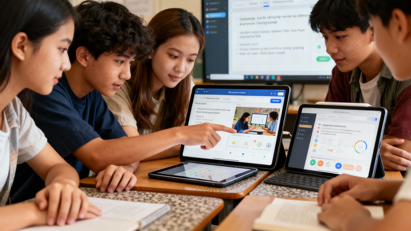 People evaluating online course options on screens.